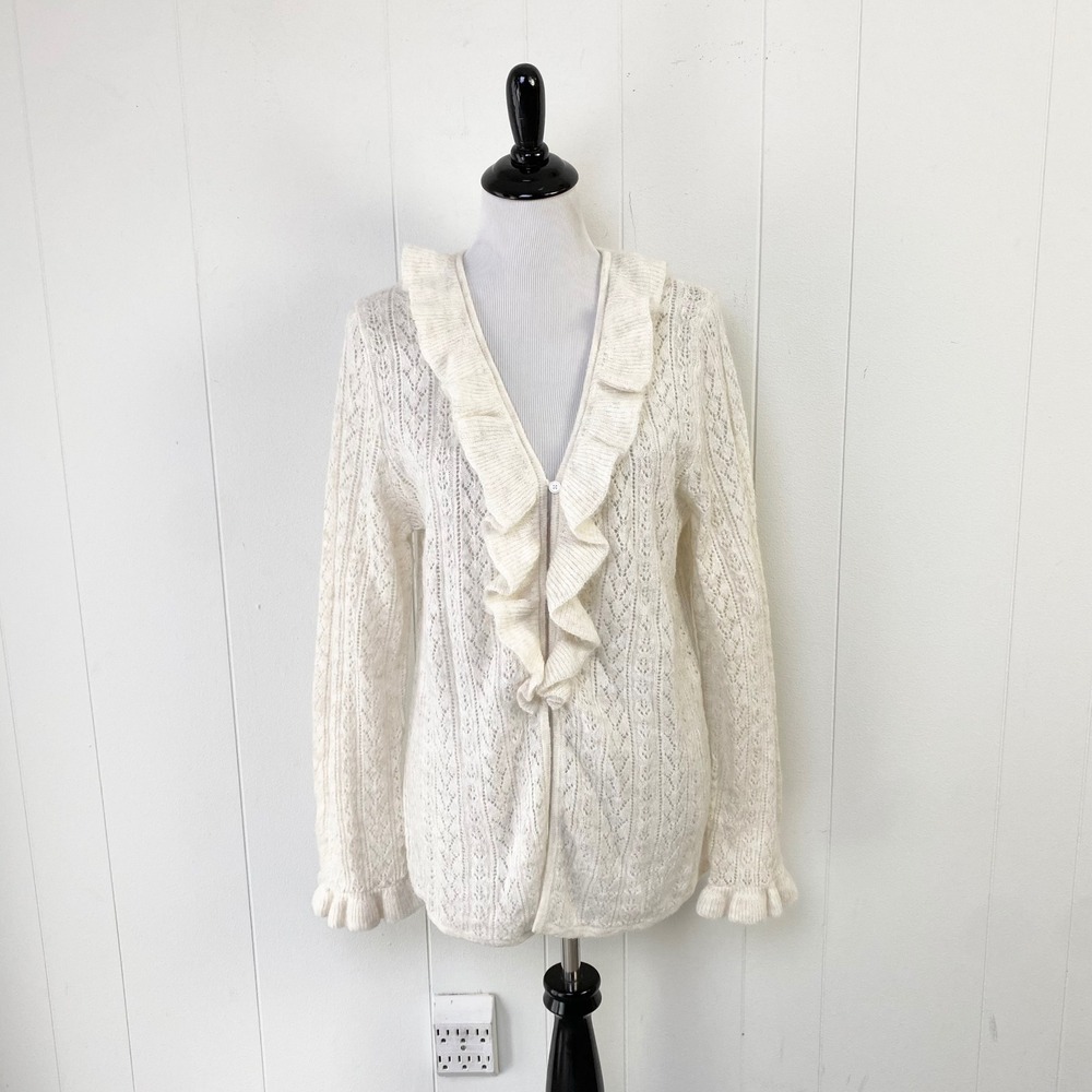 Old Navy x Anna Sui Cream Pointelle Ruffle Knit Cardigan Sweater XL Cottagecore